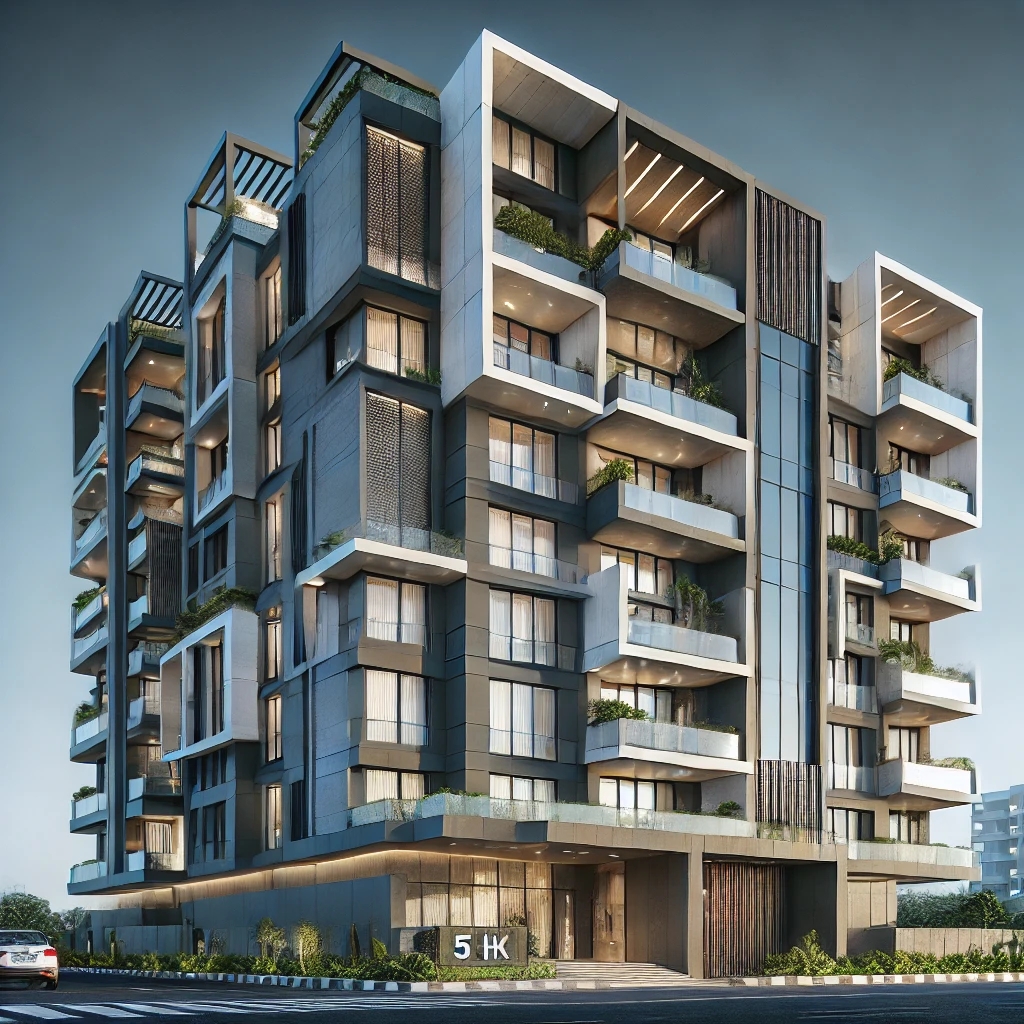 A high-quality 3D render of a modern 5 BHK apartment building exterior. The building features a sleek contemporary design with large glass windows, balconies, smart lighting, and a landscaped entrance. The facade is made of a mix of concrete, glass, and wood elements. The ground floor has a spacious entrance with a security system. The surrounding area includes a driveway, parking space, and greenery. The design incorporates energy-efficient and AI-powered smart home features.