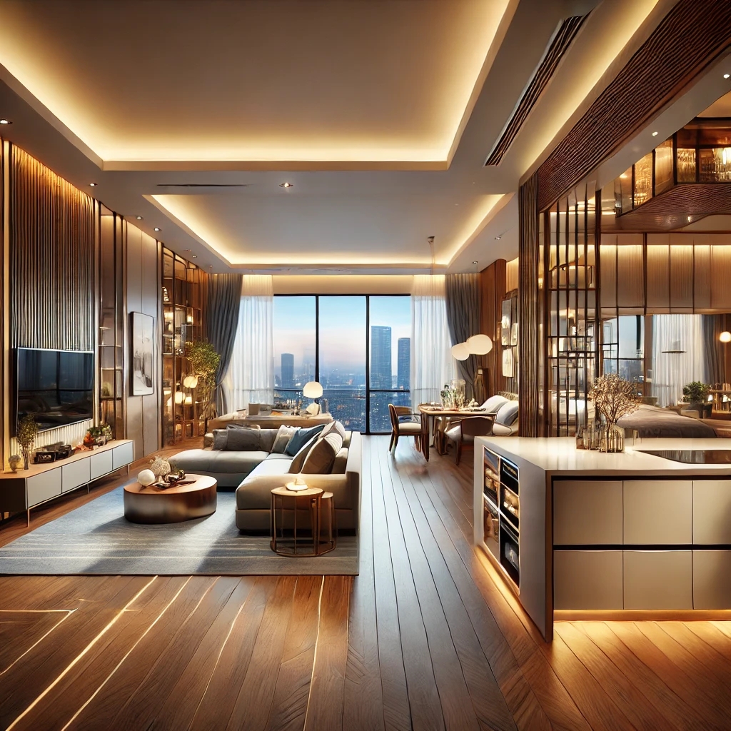 A high-quality 3D render of a modern 5 BHK apartment interior. The design includes a spacious living room with smart lighting, a modular kitchen with AI-powered appliances, and elegantly furnished bedrooms with large windows. The master bedroom features a walk-in closet and a luxury bathroom. The apartment has an open floor plan, allowing for seamless flow between spaces. The color scheme is warm and inviting with wooden flooring, soft lighting, and smart home automation systems integrated throughout.
