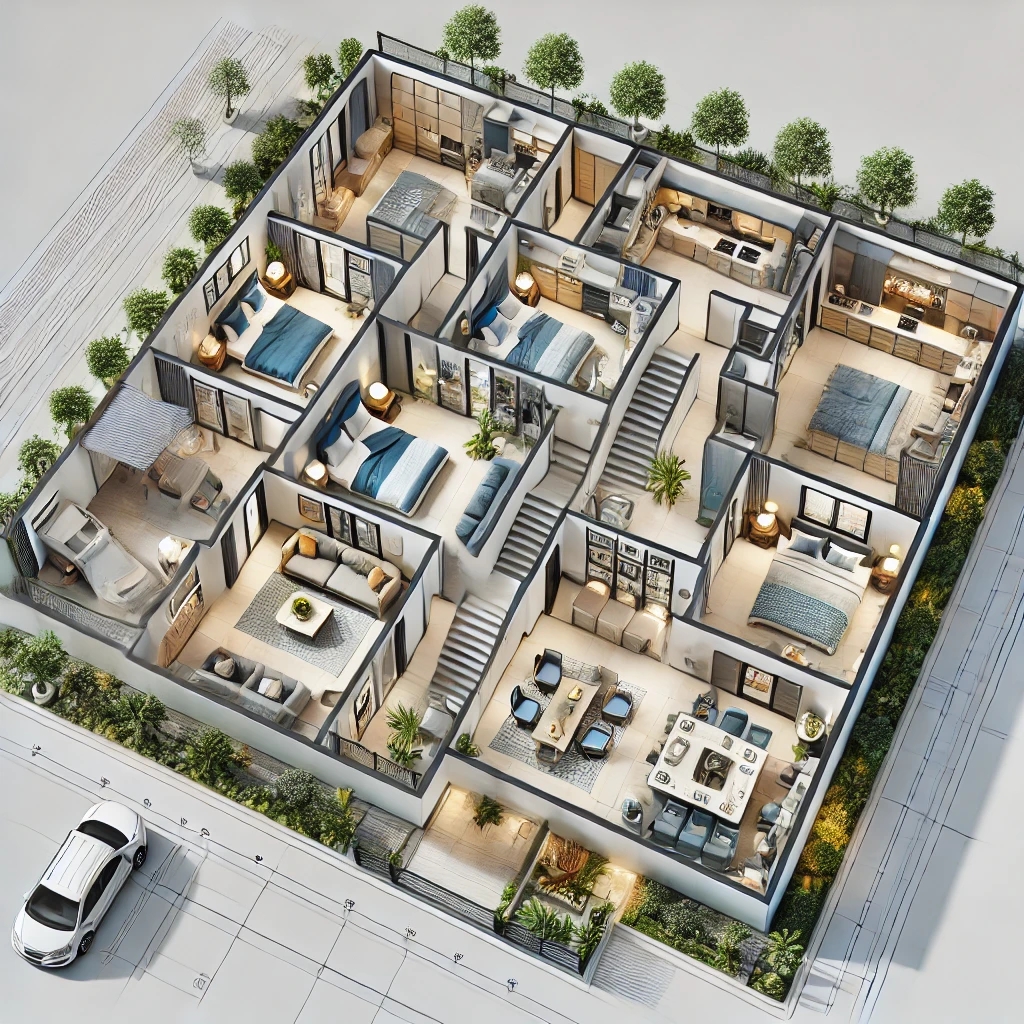 A detailed 2D floor plan of a modern 5 BHK apartment, designed using AI optimization for smart home integration. The layout includes:
- 5 spacious bedrooms with attached bathrooms
- A large living room with smart lighting and furniture placement
- A modular kitchen with AI-powered appliances
- A dining area adjacent to the kitchen
- A home office or study room
- A balcony or terrace with seating area
- Smart home features including IoT-based climate control, security, and automation
- Optimized room placement for maximum natural light and ventilation
- High-quality, realistic architectural drawing with clear labels and dimensions